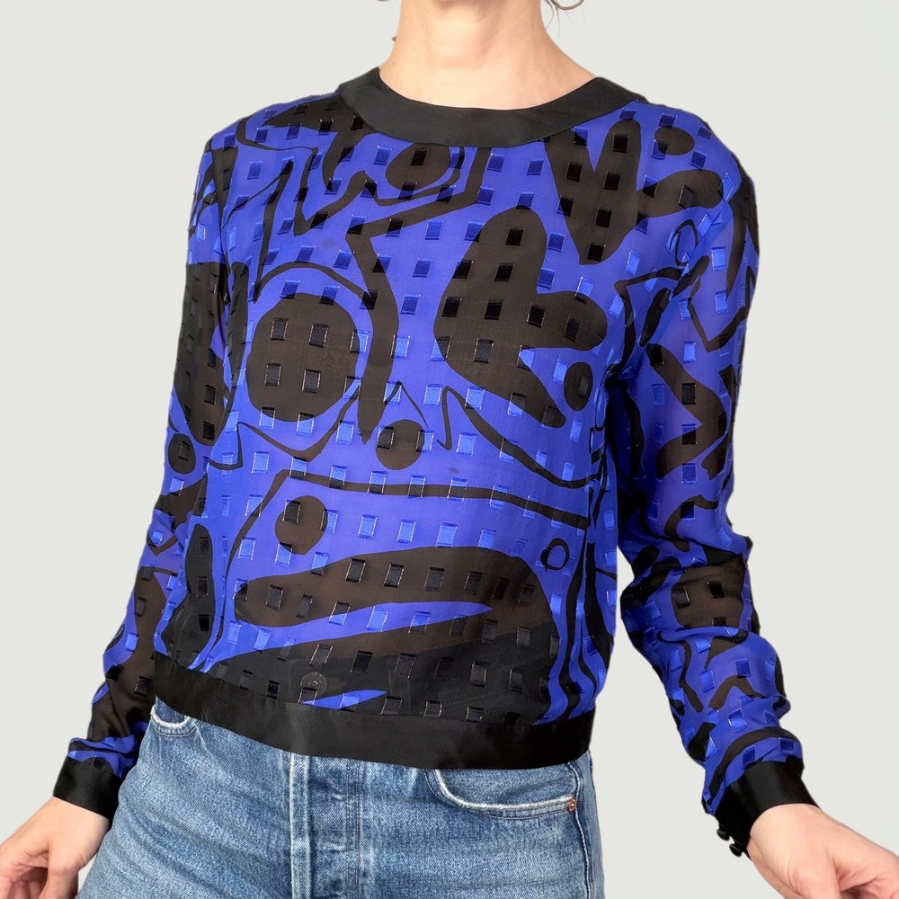 Flora Kung Vintage Silk Abstract Graphic‎ Blouse Blue Black Jacquard Top Sheer S